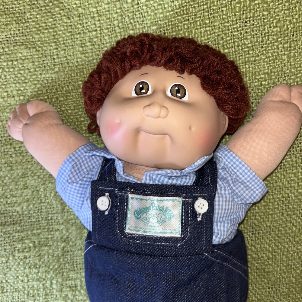 1982 Coleco Cabbage Patch Kid Boy Brown Hair Eyes Overalls Head Mold #2 EUC